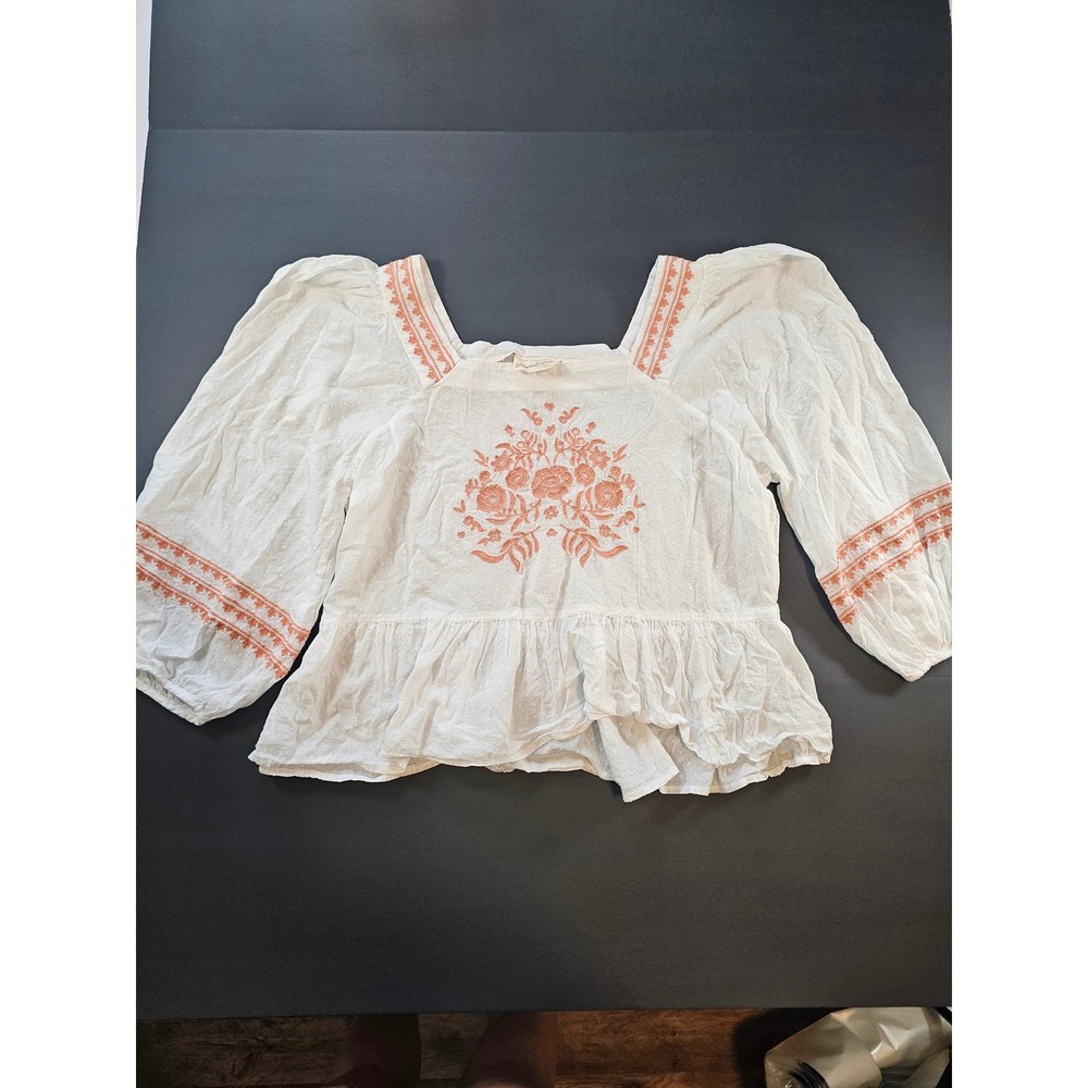 Universal Thread Embroidered Blouse Women L White Boho Peplum Cotton Top